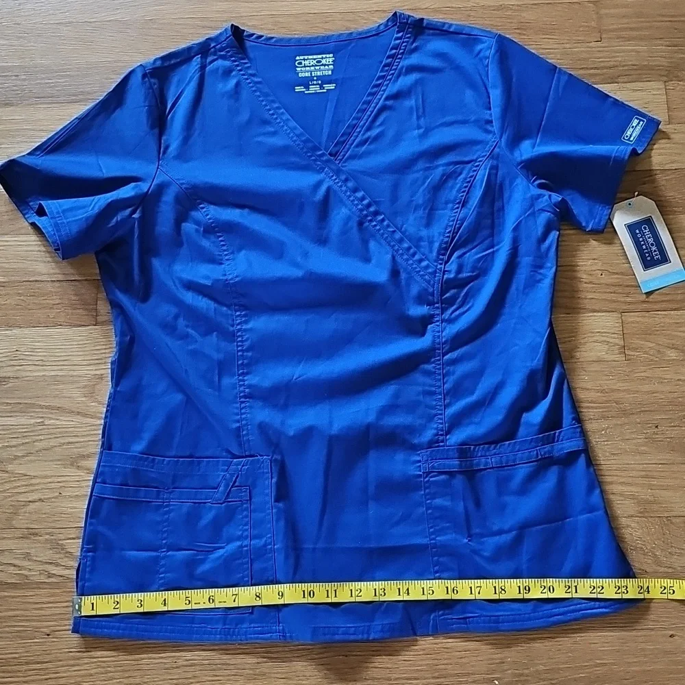 Cherokee Galaxy Blue Short Sleeve VNeck Medical Scrub Top Women's Size Large NWT - Picture 9 of 15